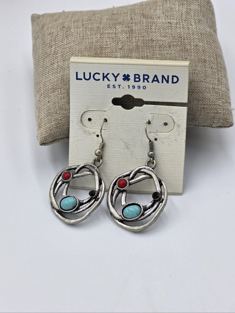 Lucky Brand Silver Tone Turquoise Red Bead Organic Circle Drop Earrings Boho‎